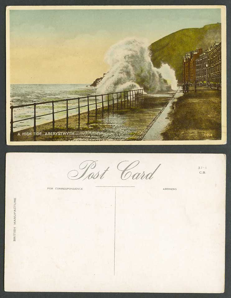 Aberystwyth, A High Tide Old Colour Postcard Rough Sea Storm Waves, Street Scene