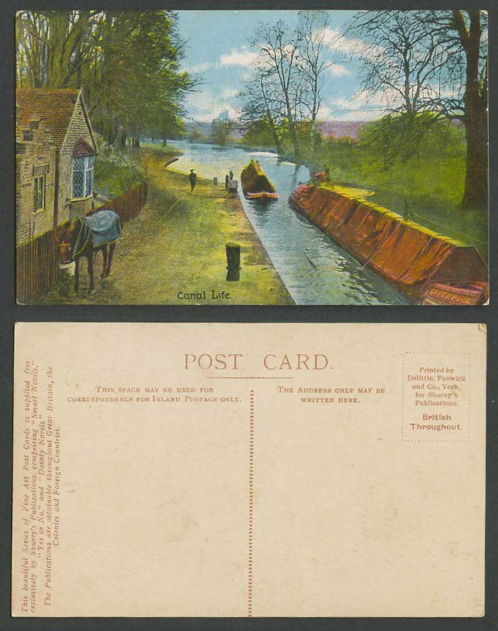 Canal Life, Boat, Horse eating from Bag hanging under head Old Postcard Shurey's