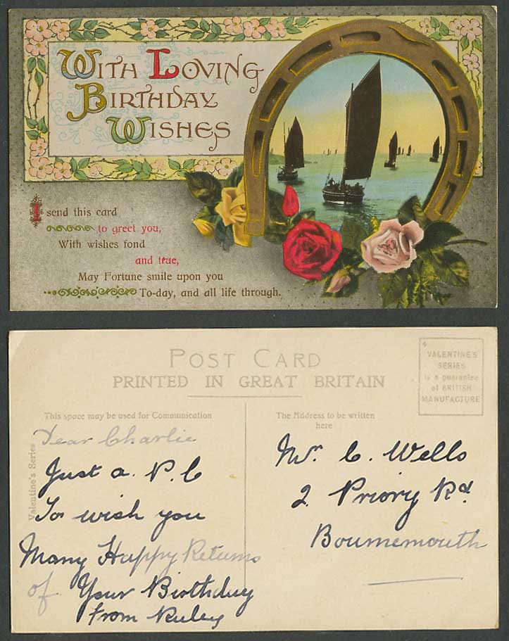 With Loving Birthday Wishes, Sailing Boats, Roses Flowers Horseshoe Old Postcard