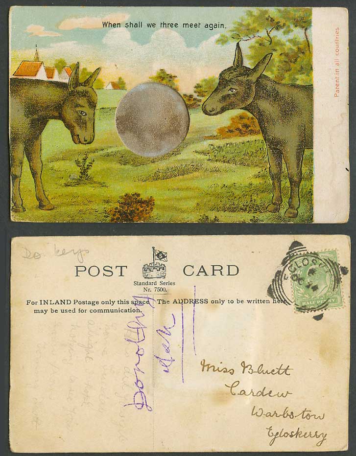 Novelty 1908 Old Postcard Metal Piece between Donkeys When Shall We 3 Meet Again