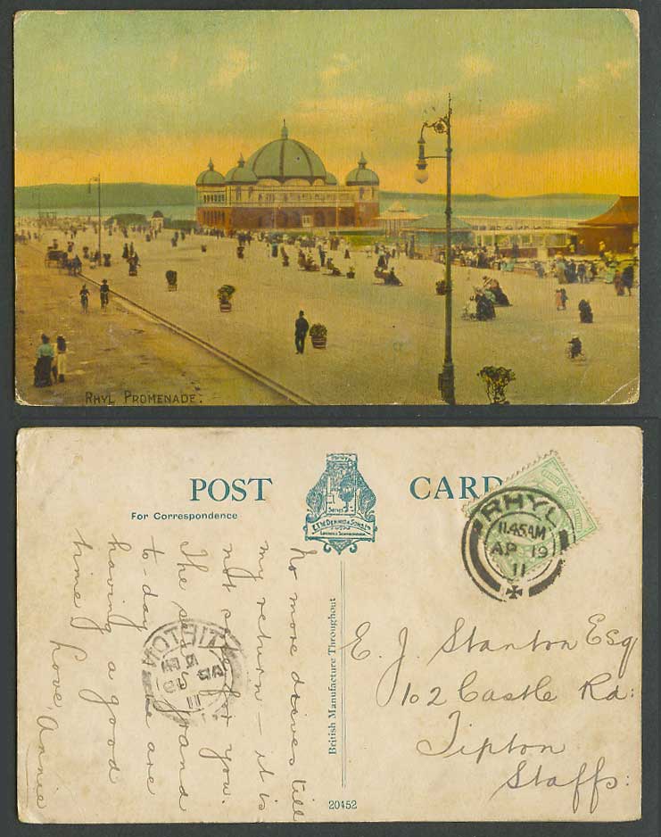 Rhyl Promenade 1911 Old Colour Postcard Street Scene Pavilion Pier Jetty Seaside
