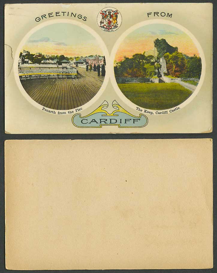 Greetings from Cardiff Castle The Keep, Penarth from Pier, Coat of Arms Old Card