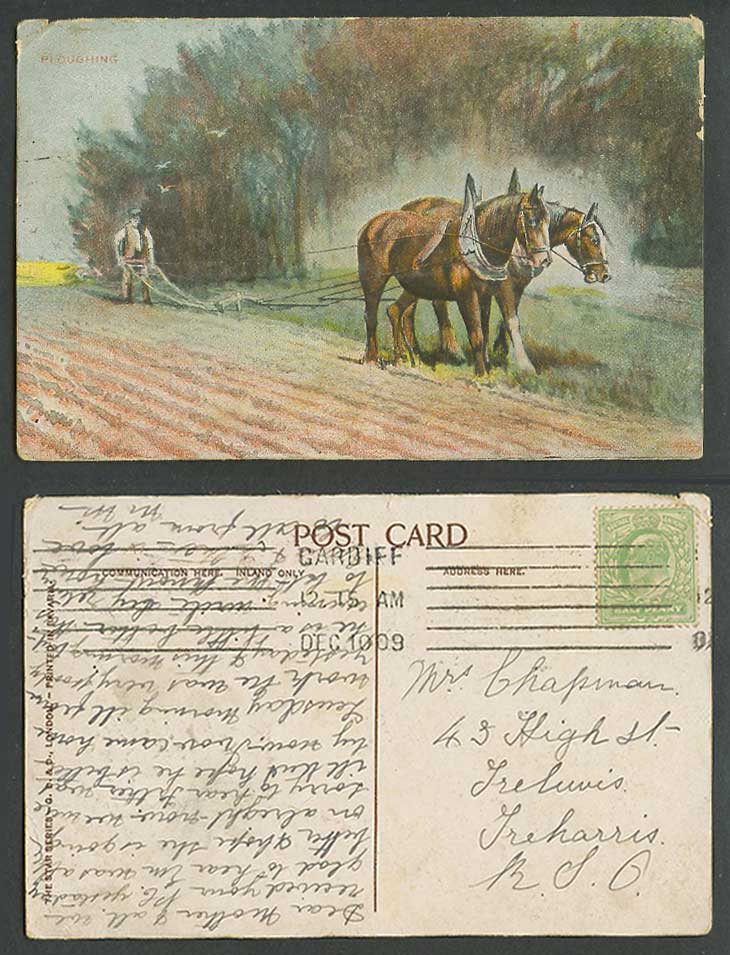 Horse Animals Farmer and Horses Ploughing Fields Plough 1909 Old Colour Postcard