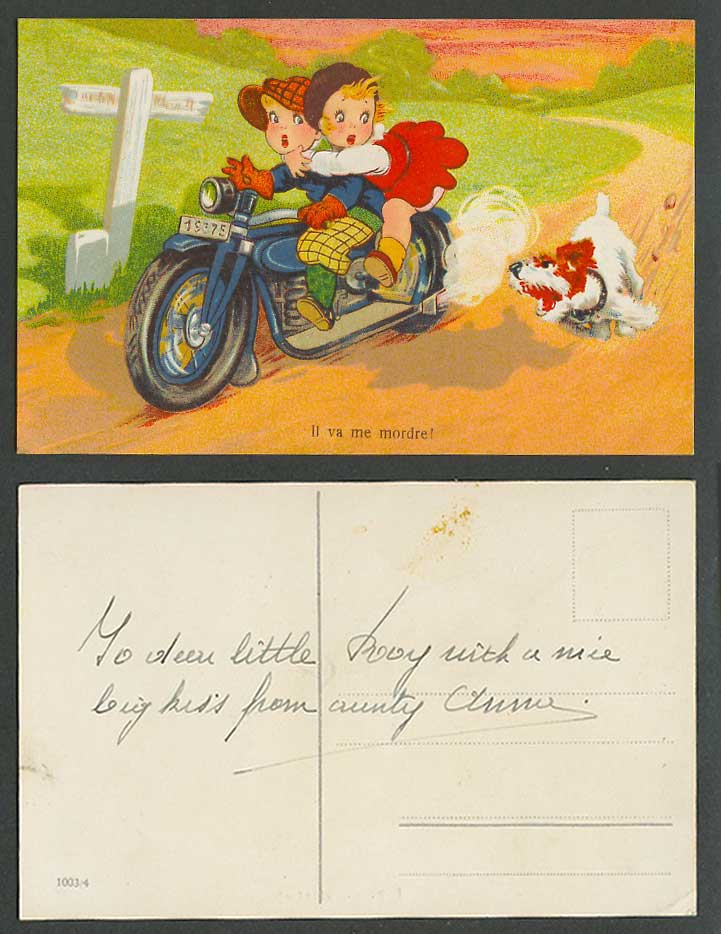 Motorcycle Comic Old Postcard He will bite me! Dog Chasing Boy Girl on Motorbike