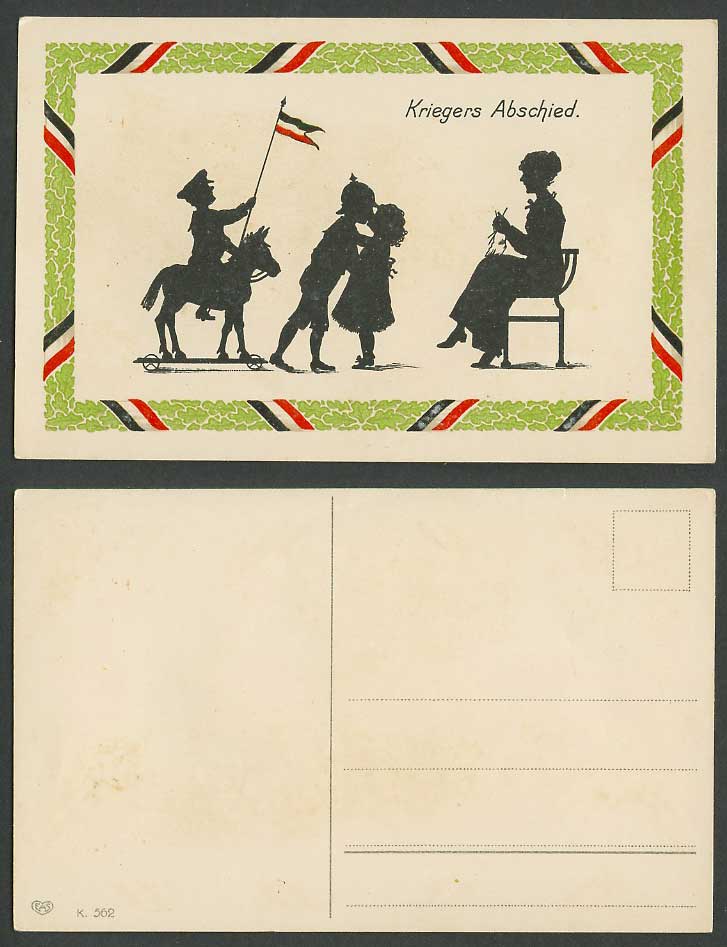 Silhouette Kriegers Abschied Soldier Horse Rider Flag Boy Kiss Girl Old Postcard