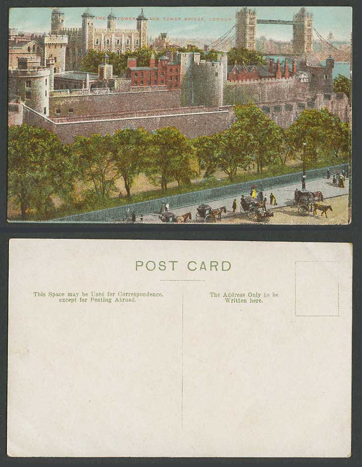 London Old Postcard TOWER OF LONDON Bridge Thames River Street Scene Horse Carts