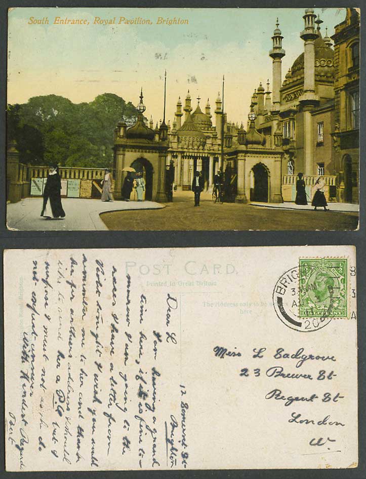 Brighton, Royal Pavilion, South Entrance Cyclist Sussex 1911 Old Colour Postcard