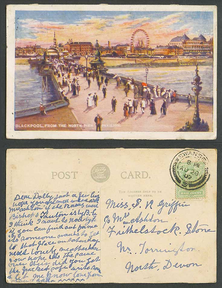 Blackpool from The North Pier Pavilion, Wheel 1907 Old Artist Drawn Postcard ART