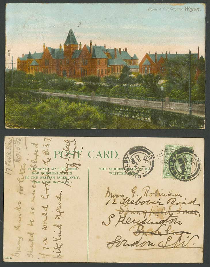 Wigan Royal A.E. Infirmary 1906 Old Color Postcard Greater Manchester Lancashire