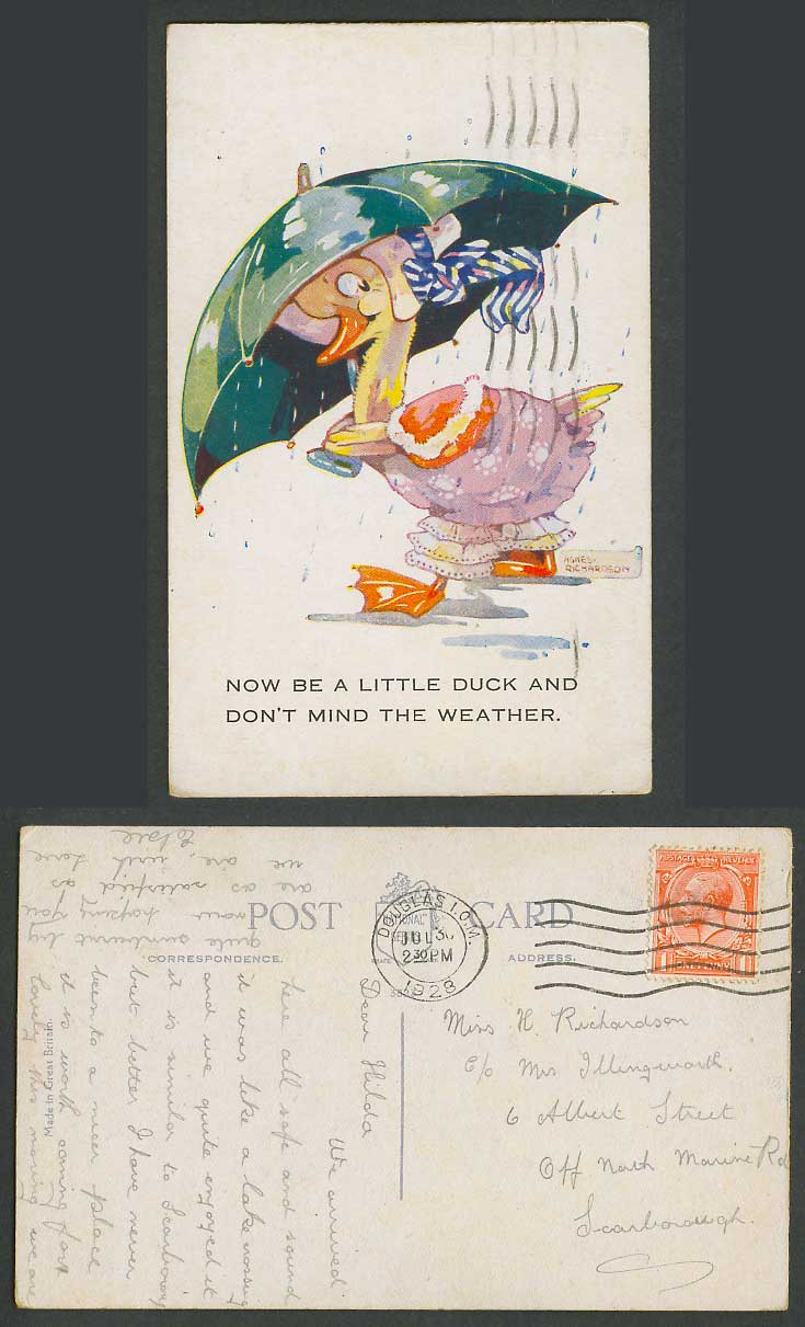 Agnes Richardson 1928 Old Postcard Little Duck Don't Mind The Weather Rain, Bird