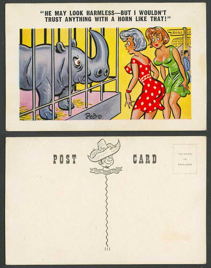 Pedro Old Postcard Rhinoceros Rhino. Look Harmless Wouldn't Trust Horn Like that