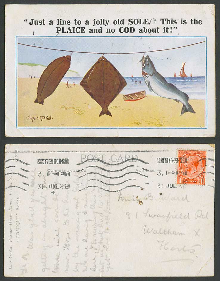 Donald McGill 1928 Postcard Beach Boat Line of Fish Jolly Old Sole Plaice No Cod
