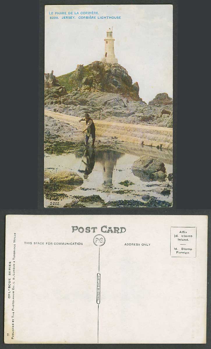 Jersey Old Postcard La Phare de la Corbiere Lighthouse, Rocks, Fisherman Fishing