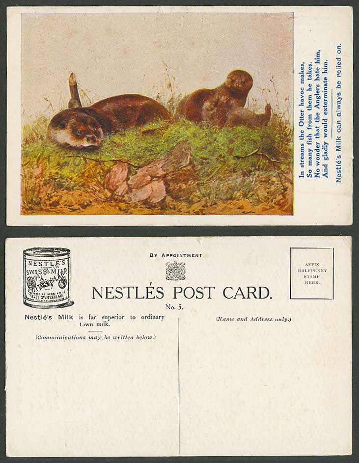 Otter Otters Animals Nestle's Milk Advertising Advertisement Old Colour Postcard