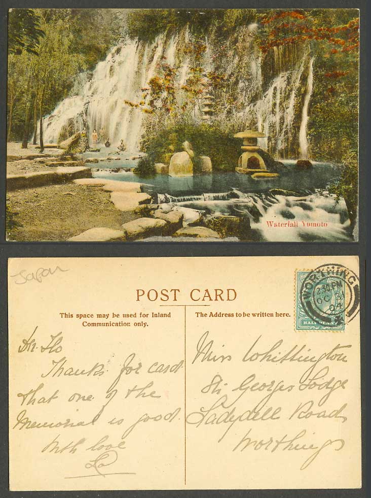 Japan 1904 Old Hand Tinted Postcard Waterfall Yumoto Stone Lantern Bather Pagoda