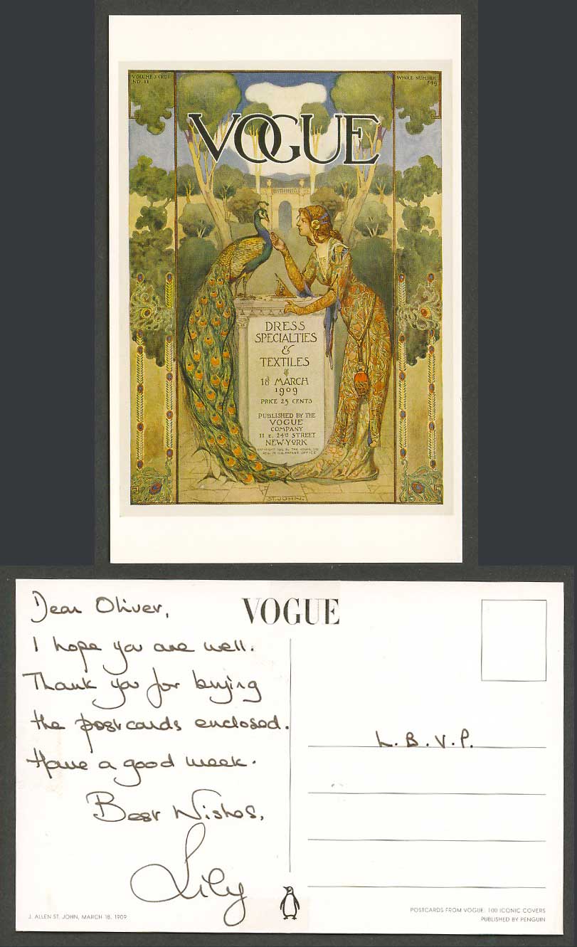 Peacock Bird VOGUE Dress Specialties Textiles JA St. John 18 March 1909 Postcard