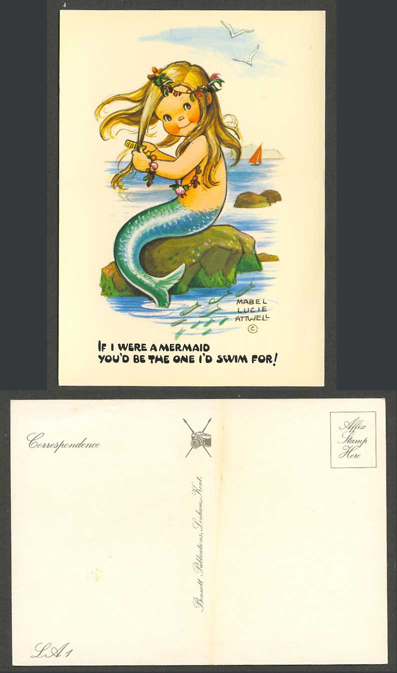 Mabel Lucie Attwell Old Postcard If I Were Mermaid I'd Swim For U! Comb Hair LA1