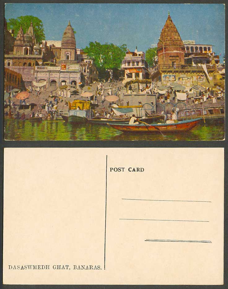 India Old Postcard Dashashwamedh Dasaswmedh Ghat Benares River View Temple Boats
