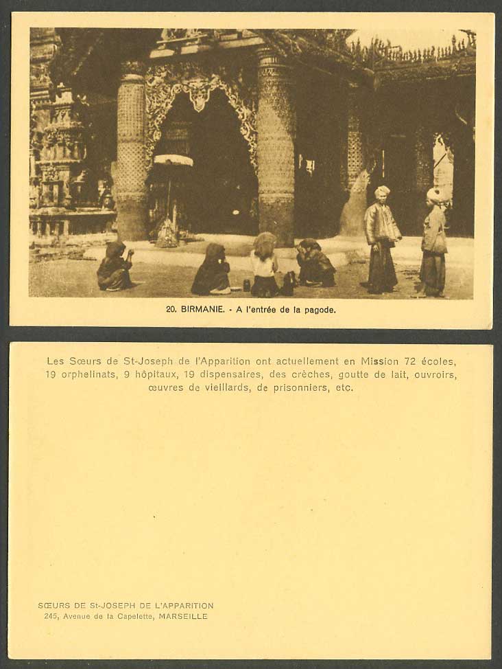 Burma Old Postcard Entrance of Burmese Pagoda Temple, Men Women, Birmanie pagode