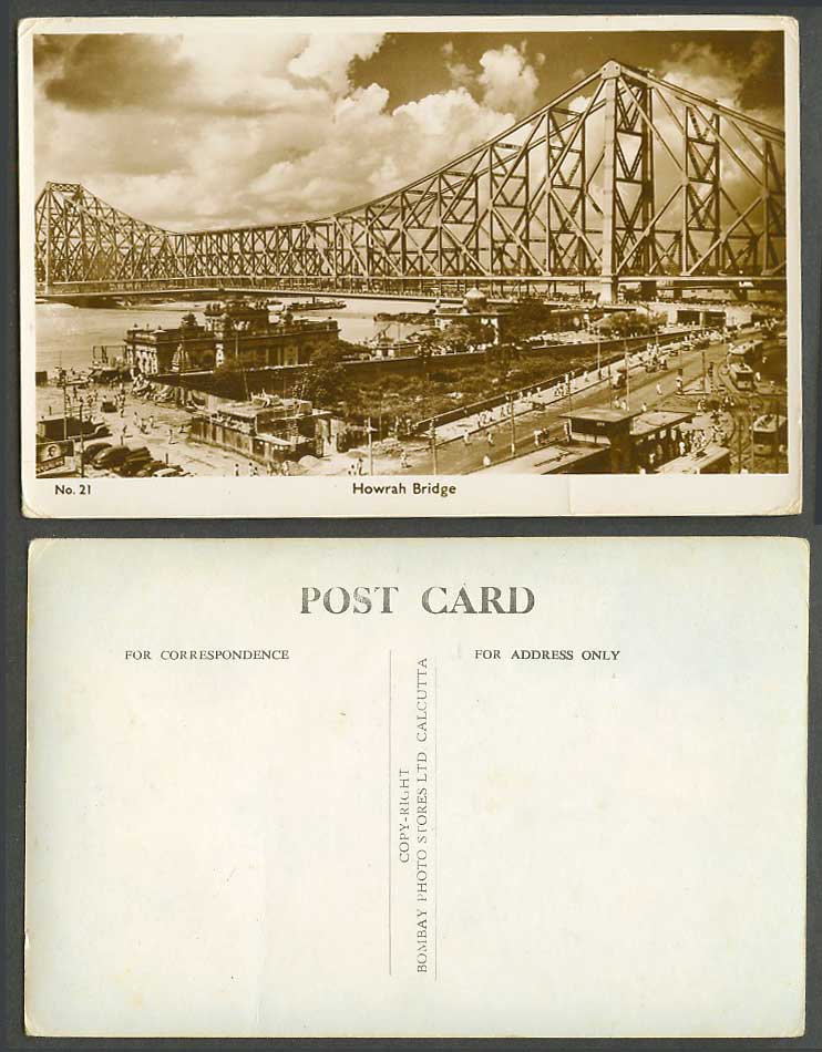 India Old Real Photo Postcard Calcutta Howrah Bridge River Hooghly TRAM Streets