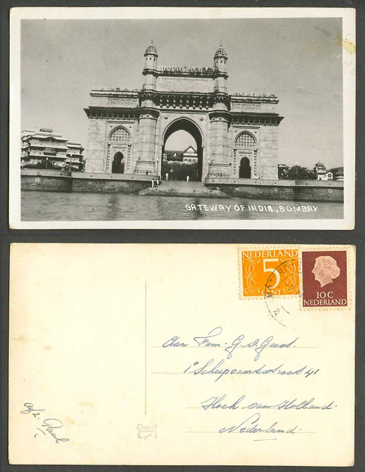 Indian Old Real Photo Postcard Gateway of India Gate Bombay, Dutch 5c 10c stamps