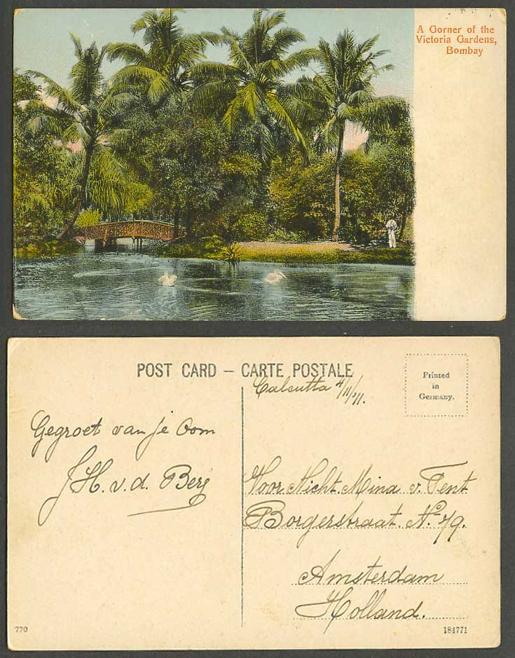 India 1911 Old Postcard Victoria Gardens Corner, Bridge Pelican Birds Palm Trees