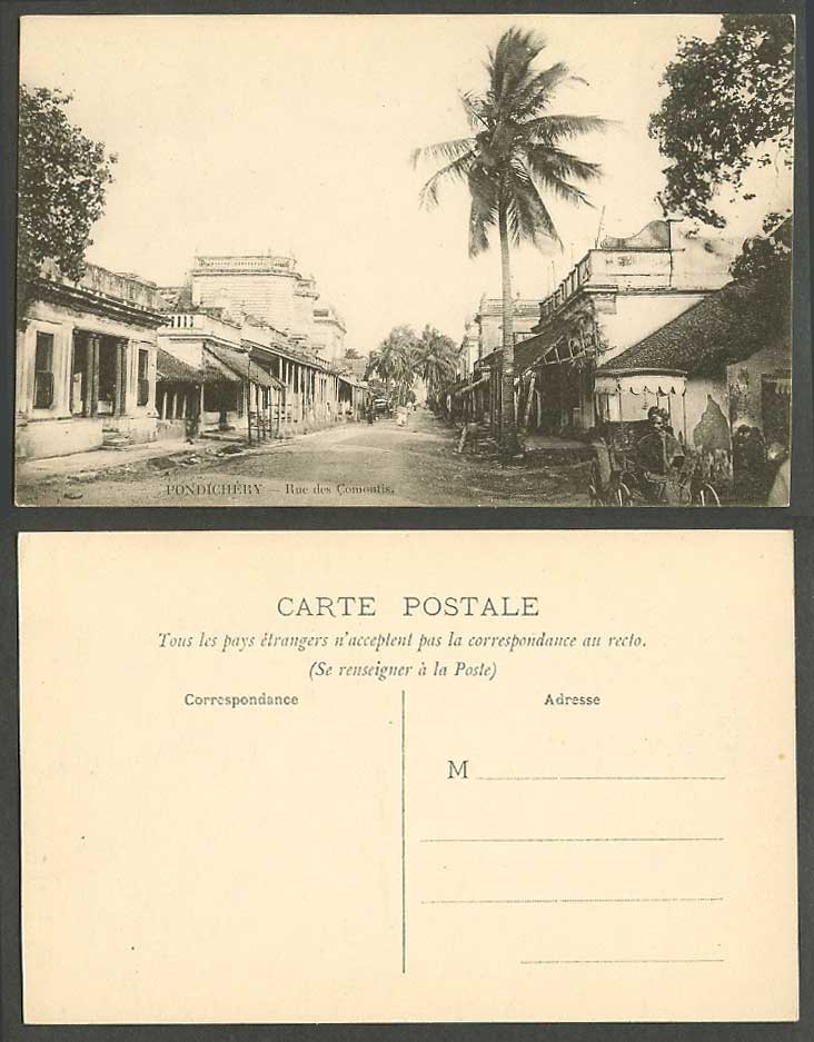 India Old Postcard Pondichery Rue des Comontis Street Scene Pondicherry Rickshaw