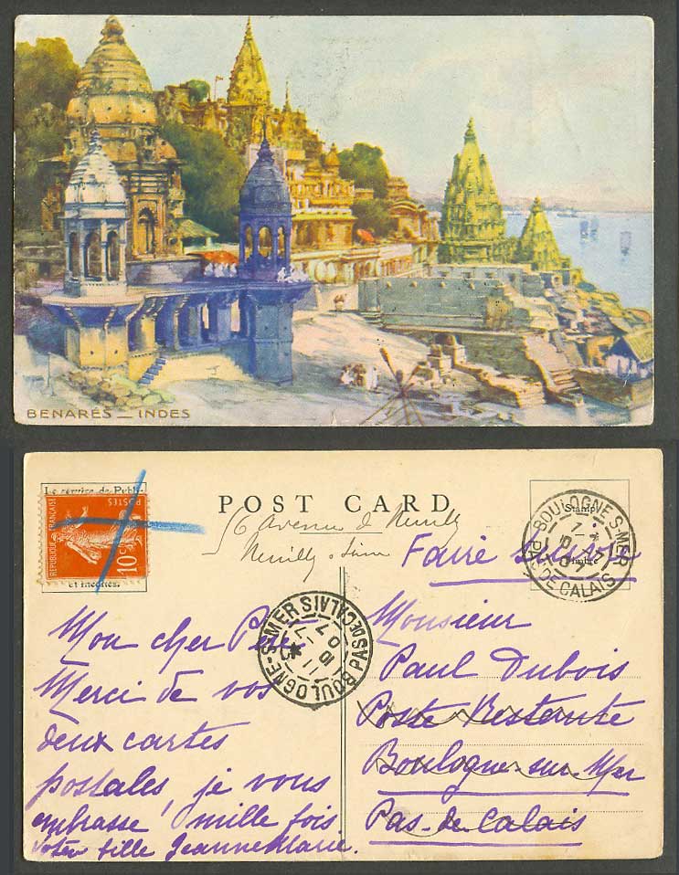 India French 10c 1907 Old ART Postcard Benares Indes, Burning Ghat River Temples