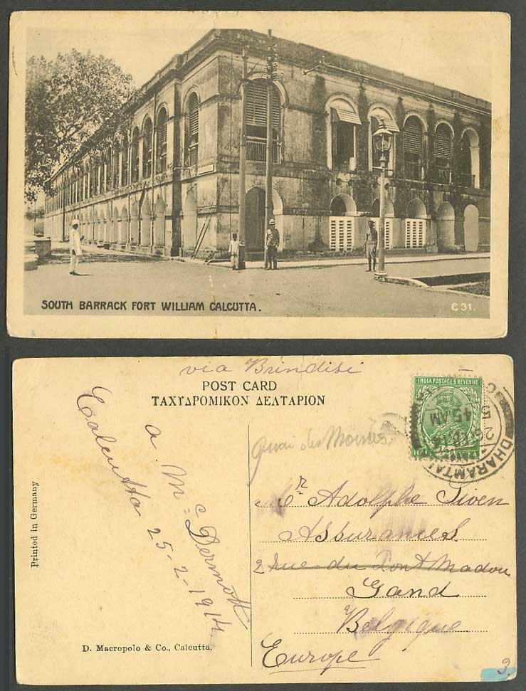 India KG5 1/2a 1914 Old Postcard South Barrack Fort William Calcutta Soldier C31
