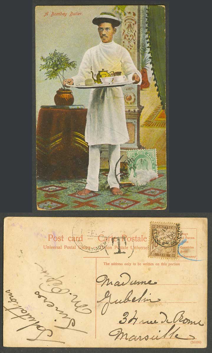 India A Bombay Butler, Postage Dues 10c & T Bombay Aden Sea PO 1908 Old Postcard