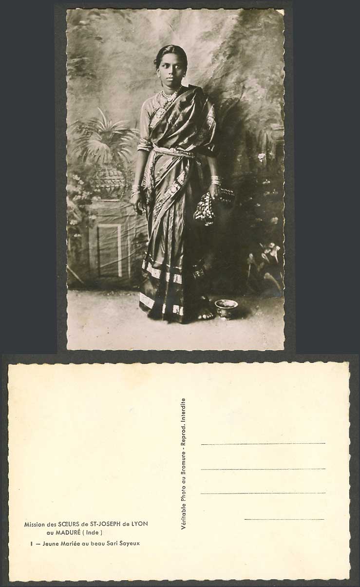 India Old Real Photo Postcard Young Bride and Silk Sari Woman Lady Girl Costumes
