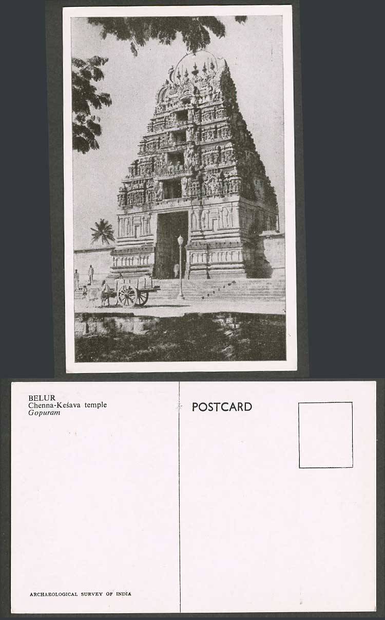 India Old Postcard Belur Chenna Kesava Temple Gopuram Entrance Tower Cattle Cart