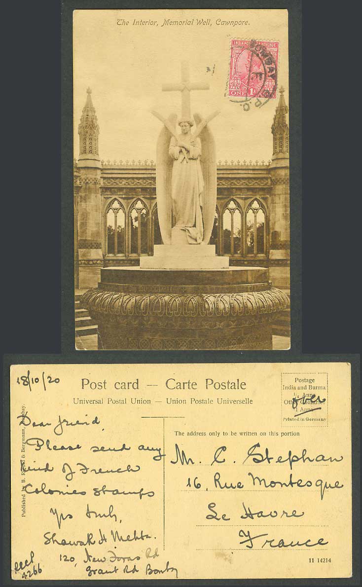 India Bombay GPO KG5 1a 1920 Old Postcard Interior Memorial Well Cawnpore, Angel