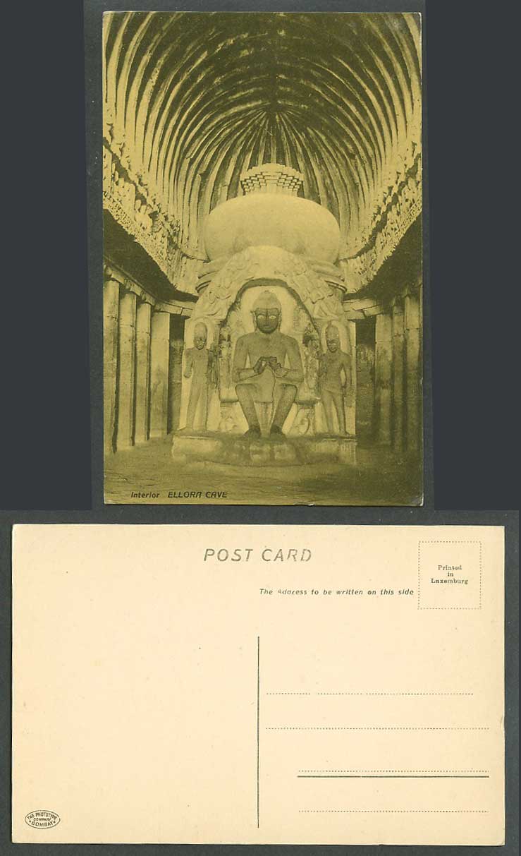 India Old Postcard Ellora Cave, Interior, Buddha Carvings Temple Pillars Columns