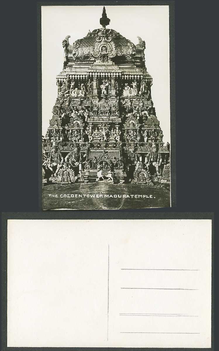India Old Real Photo Postcard The Golden Tower, Madura Temple, Statues, Carvings
