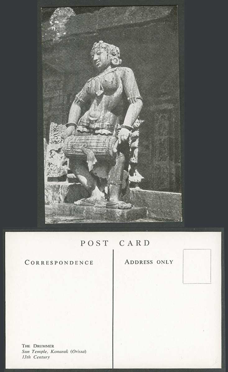 India Old Postcard Drummer & Drum, Sun Temple Konarak Orissa 13th Century Statue