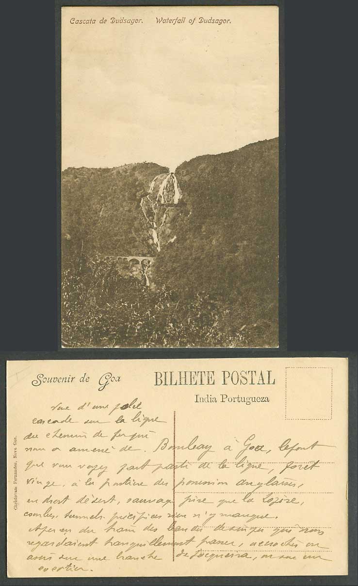 India Old Postcard Dudhsagar Falls, Bridge, Mountain, Waterfall of Dudsagor, Goa