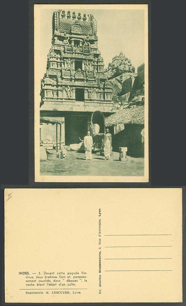 India Old Postcard Hindu Pagoda Temple Gate 2 Brahmins Brahmin Men 2 Deities Cow