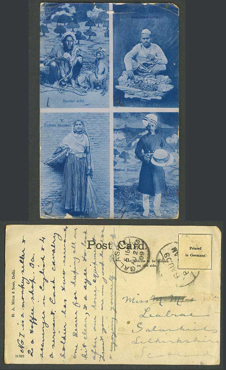 India 1909 Old Postcard Bunder Wala Monkey Woman Sweeper Bearer Sweetmeat Seller