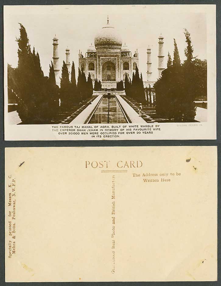 India Old Real Photo Postcard TAJ MAHAL AGRA Built of White Marble by Shah Jeham