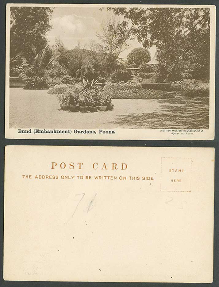 India Old U.B. Postcard Bund (Embankment) Gardens, Poona Pune, Fountain, Garden
