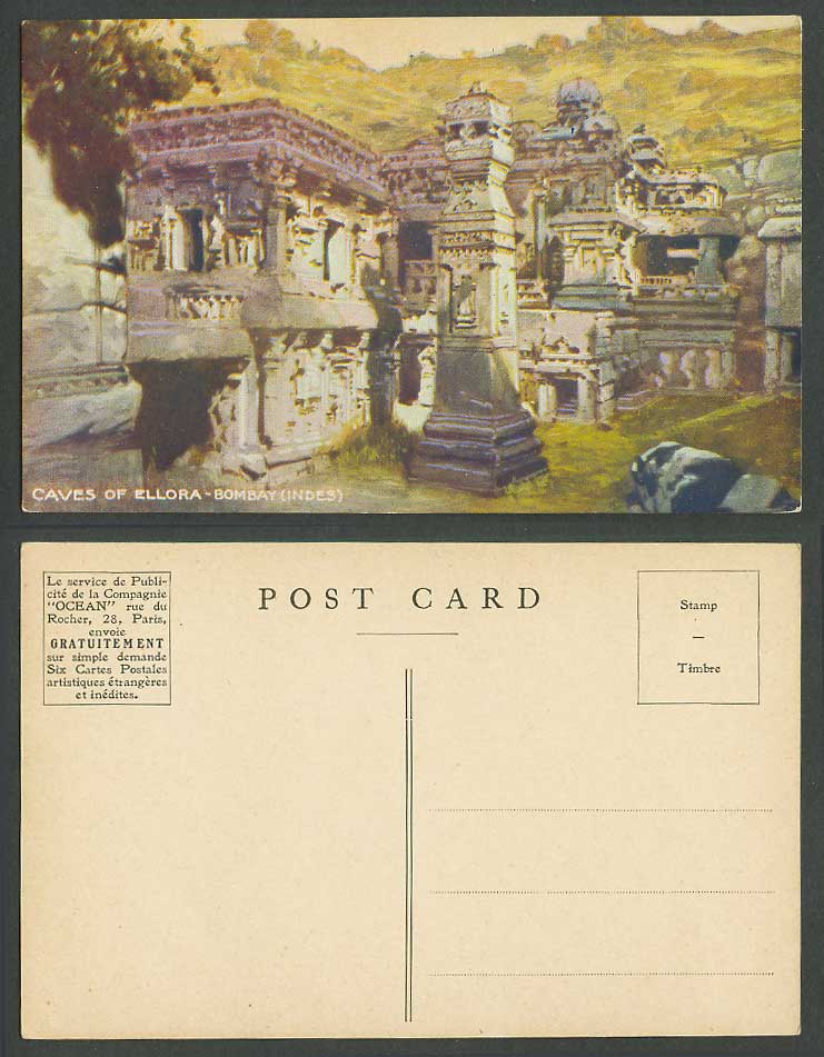India Old Art Drawn Postcard CAVES of ELLORA Bombay Indes Ruins OCEAN Adverts Co