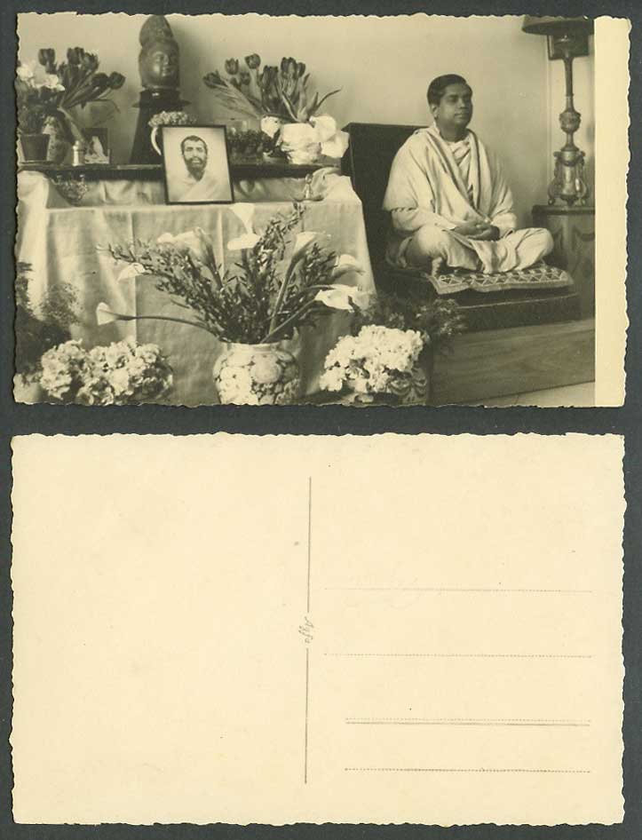 India Old Real Photo Postcard An Indian Man Meditating Meditation Buddha Flowers