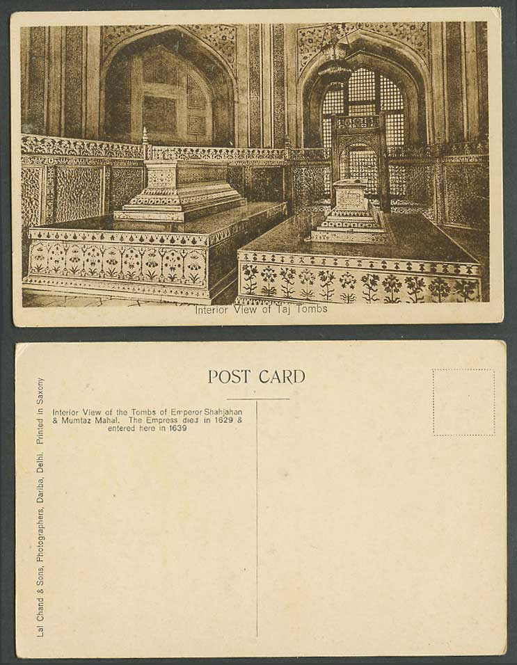 India Old Postcard Taj Tombs of Emperor Shahjahan and Mumtaz Mahal Interior View