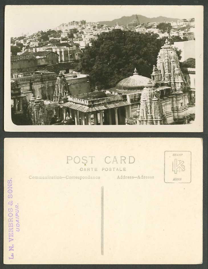 India Old Photo Postcard Udaipur Panorama General View Jagernath Temple Rooftops