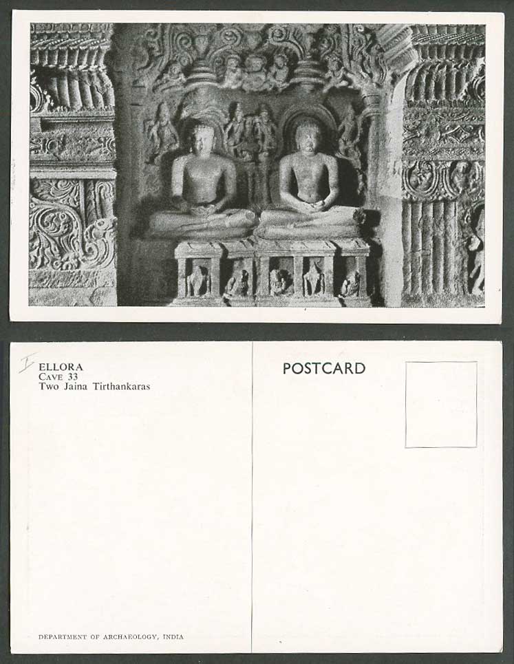 India Old Postcard Ellora Cave 33, 2 Jaina Tirthankaras Deities Statues Carvings