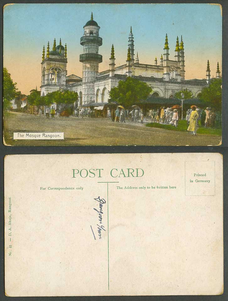 Burma Old Colour Postcard The Mosque Rangoon, Native Street Scene Towers Myanmar