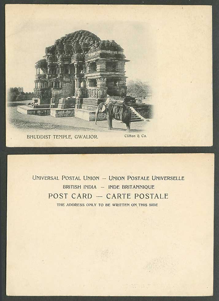 India Old UB Postcard Elephant Rider Ancient Bhuddist Temple in The Fort Gwalior