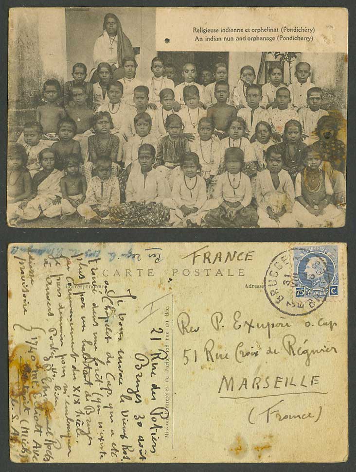 India Belgian 1921 75c Old Postcard Indian Nun and Orphanage Orphans Pondicherry