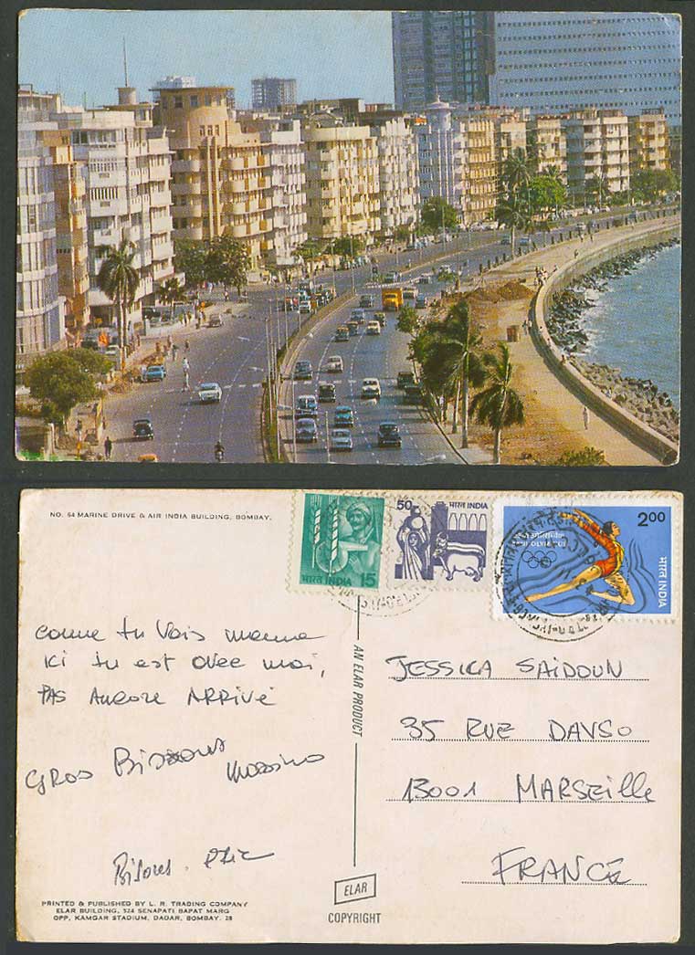 Indian Early Colour Postcard Marine Drive Air India Building Bombay Street Scene